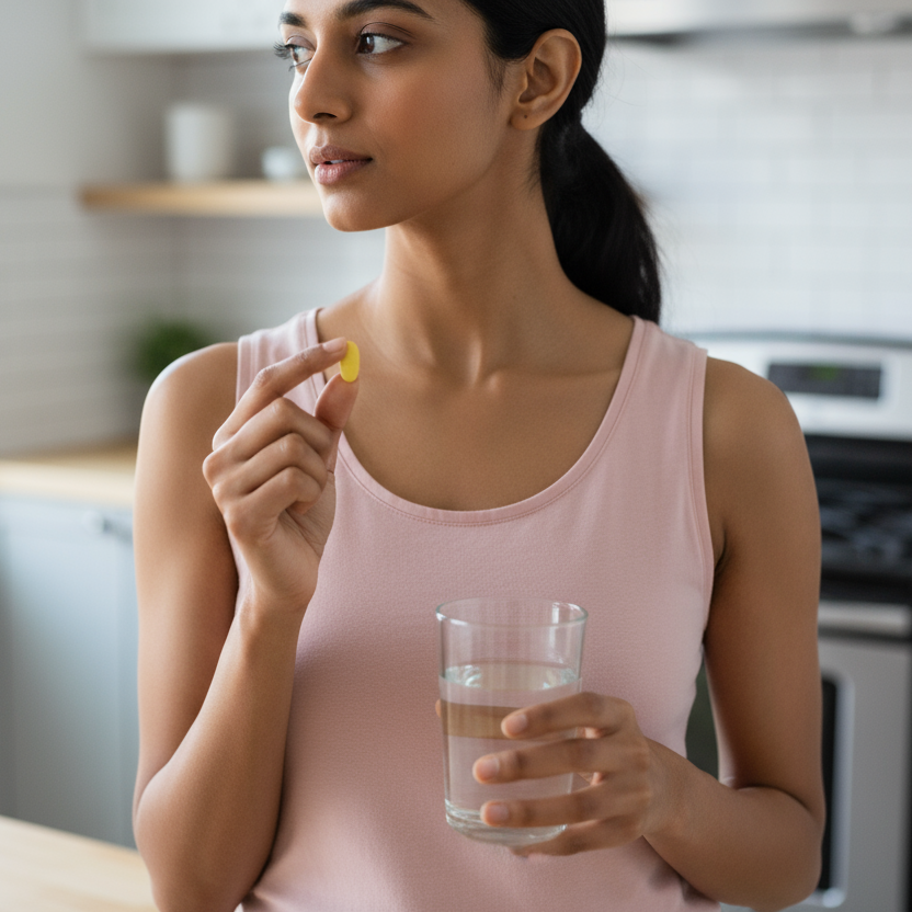 zoom in on her much much more, we should be able to see her upper body. she's not looking at the camera, but her body is fully turned towards the camera. the yellow medicine tablet should be a small oblong shape.
